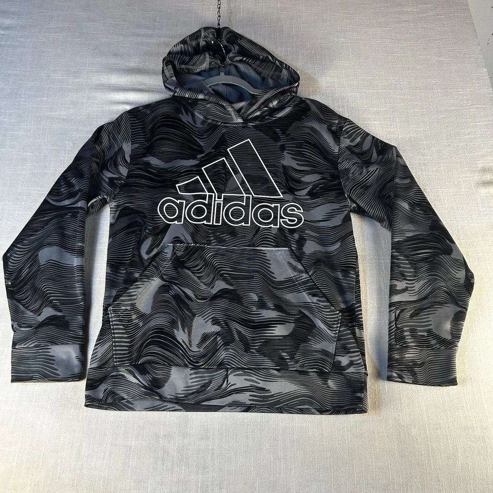 ADIDAS Size L (14/16) Boys Gray/Black Front Pocket Fleece‎ Lined Athletic Hoodie